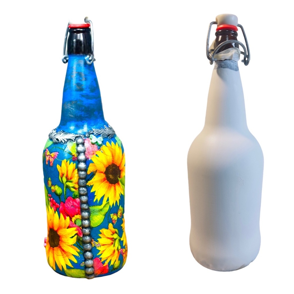 Hand Painted, Decoupaged and Molded Clay Grolsch-Style Bottle Poppy & Sunflowers - Picture 14 of 16